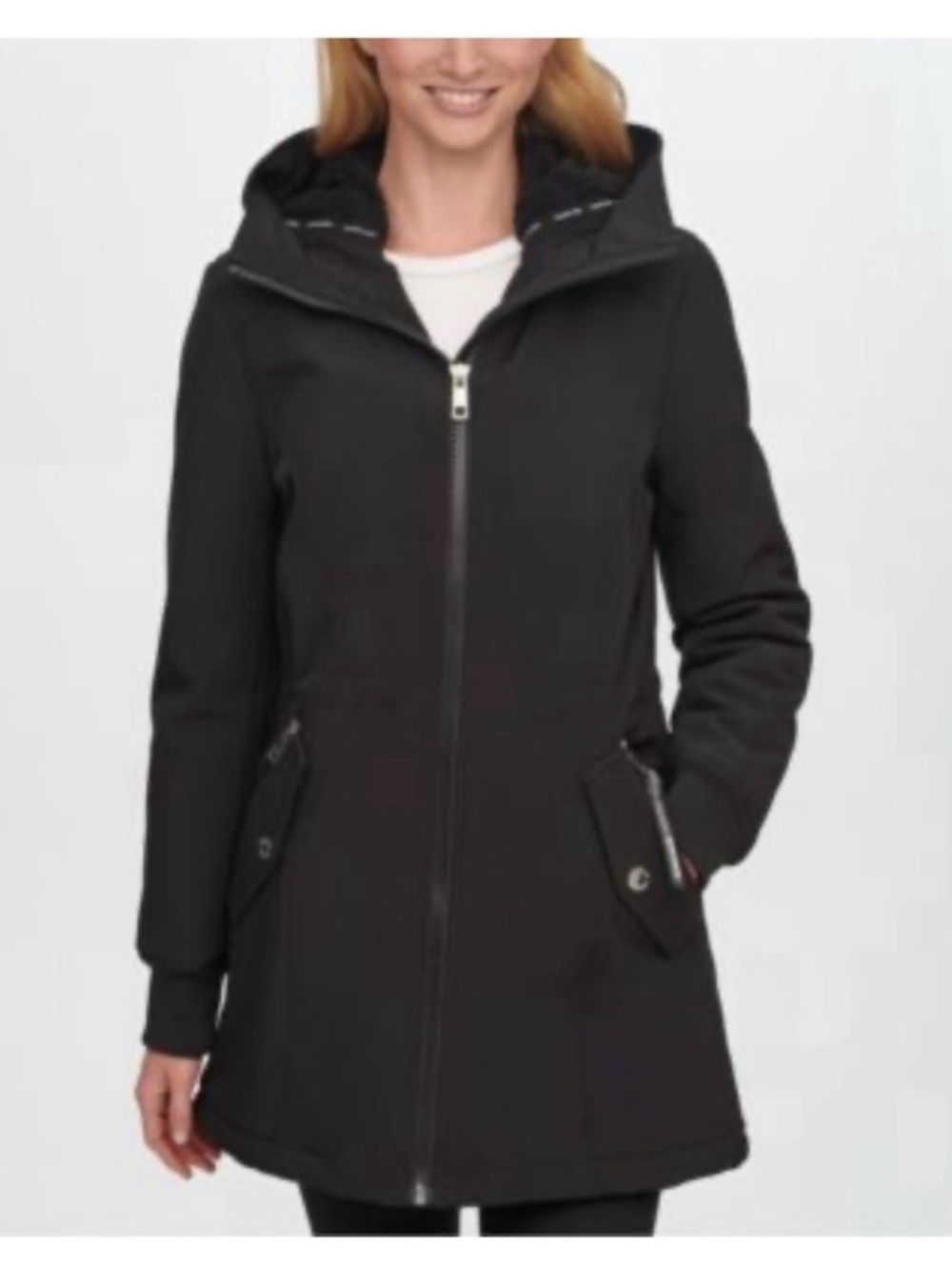 Calvin Klein Fleece Lined Hooded Anorak Black Hooded Mid-Length Coat Sz S